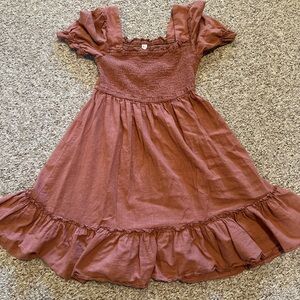 Zexxxy Rust/Mauve Square-Neck Smocked Dress - Cotton Linen Blend